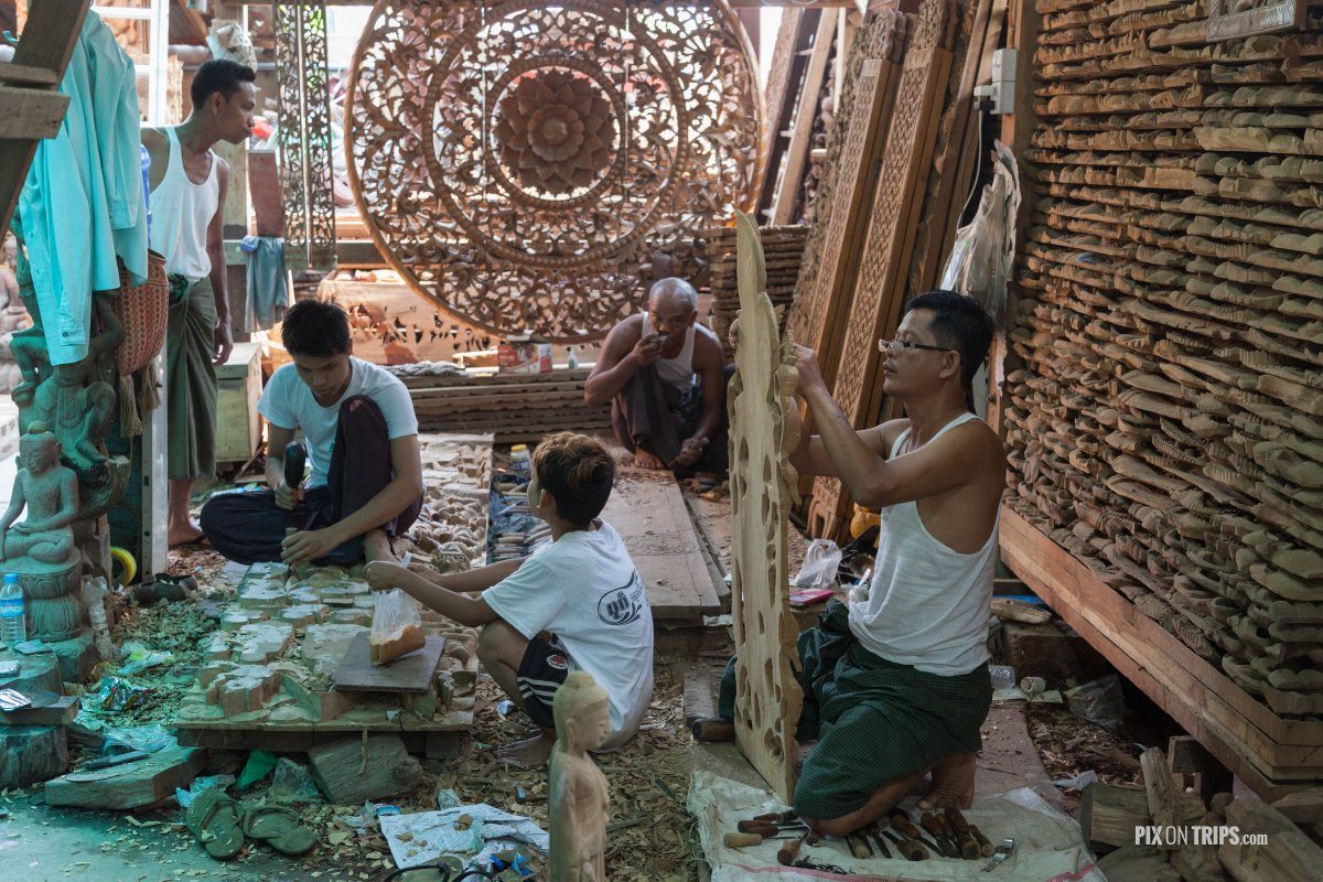 Inside wood carving workshop, Mandalay, Myanmar 