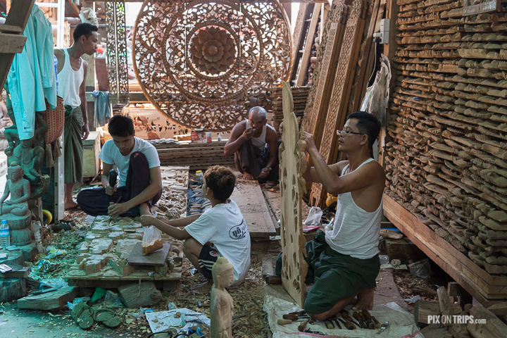 Inside wood carving workshop, Mandalay, Myanmar