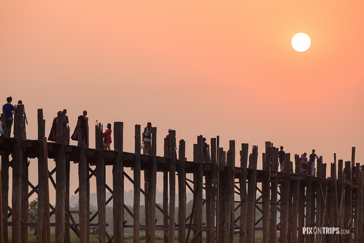 Close-up view of U Bein Bridge at sunset, Mandalay, Myanmar
